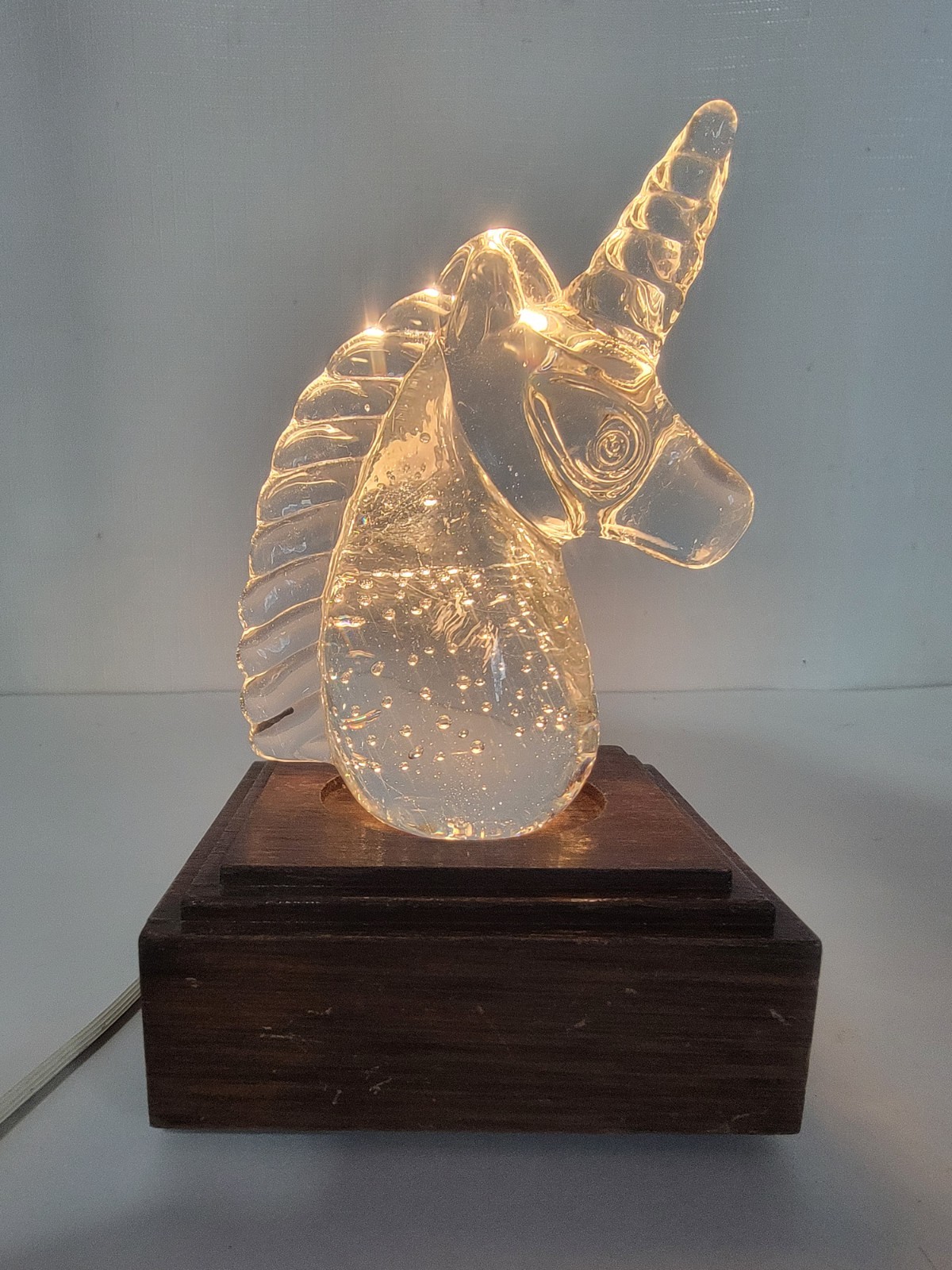 Vintage Lighted Glass Unicorn Bust w/Wood Base Suspended Bubbles Paperweight
