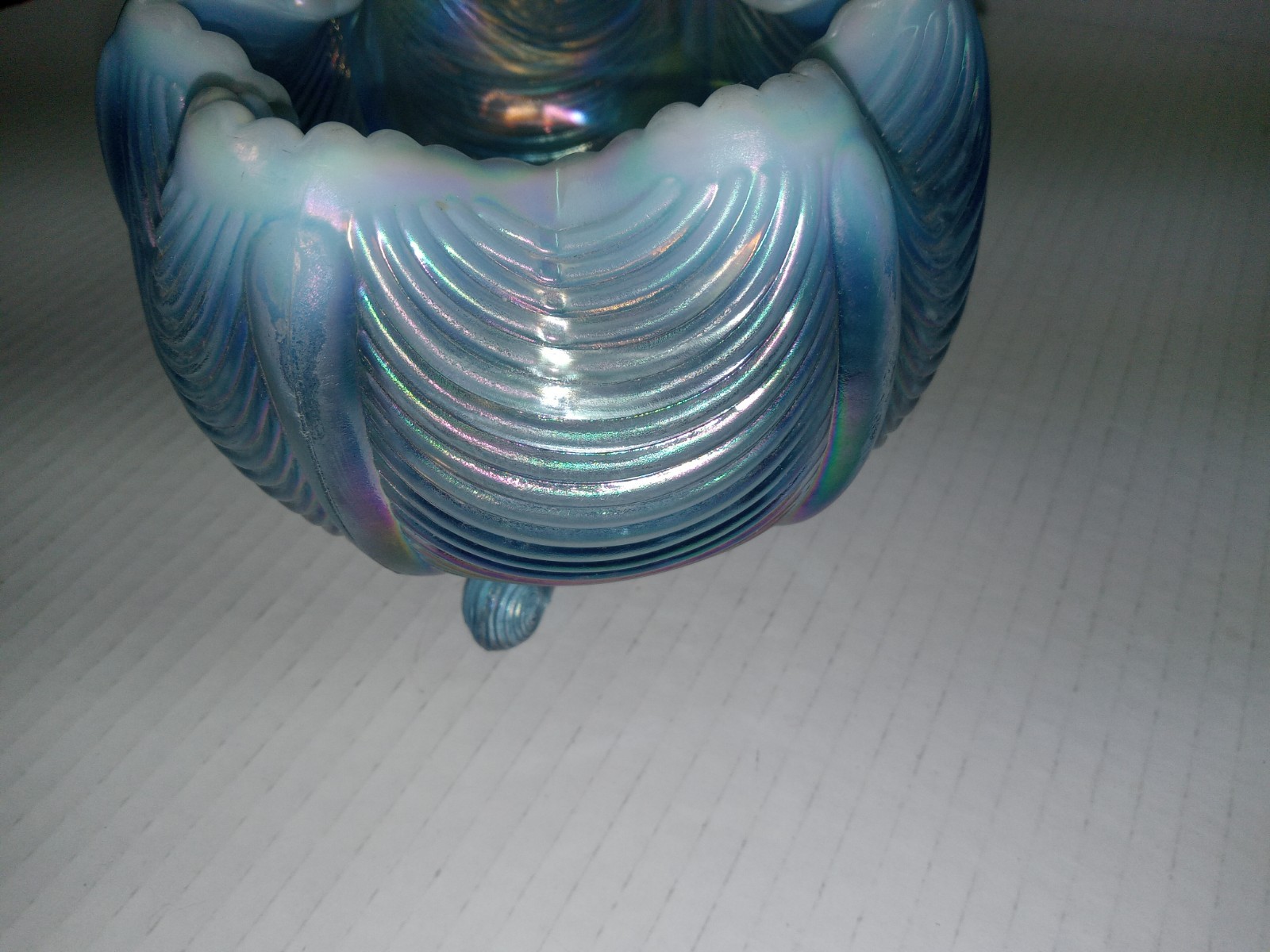 Fenton Blue Opalescent Glass Three Footed Rose Bowl Vase Drape