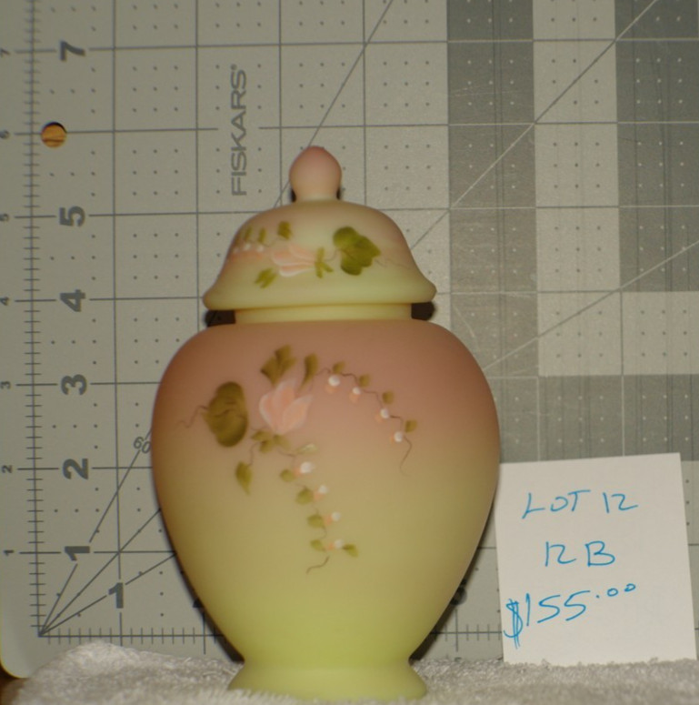 Fenton Burmese flowers with butterfly 6in urn