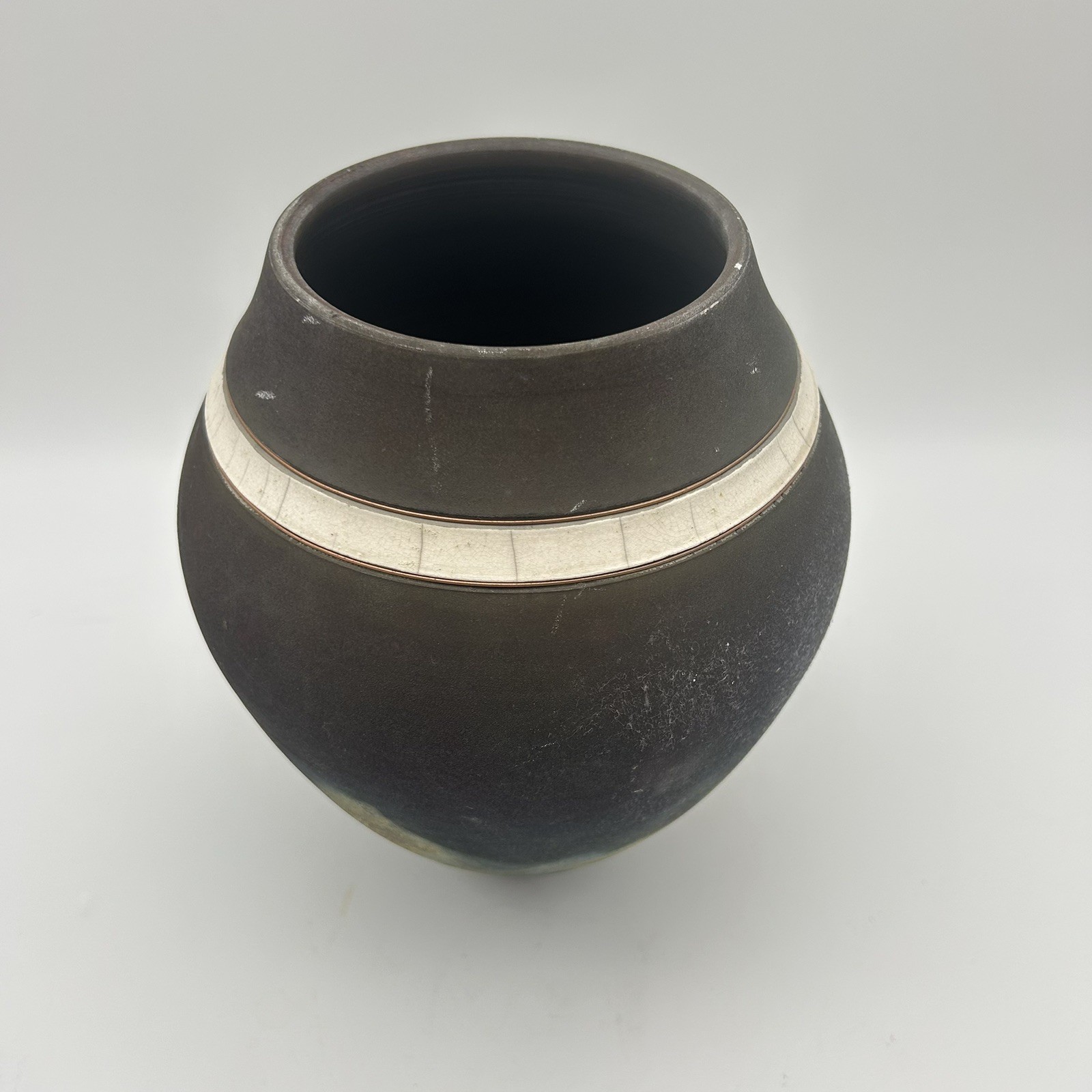 Unique Vintage Raku 8” Vase Crackled Tile And Copper Wire Inlays Artist Signed