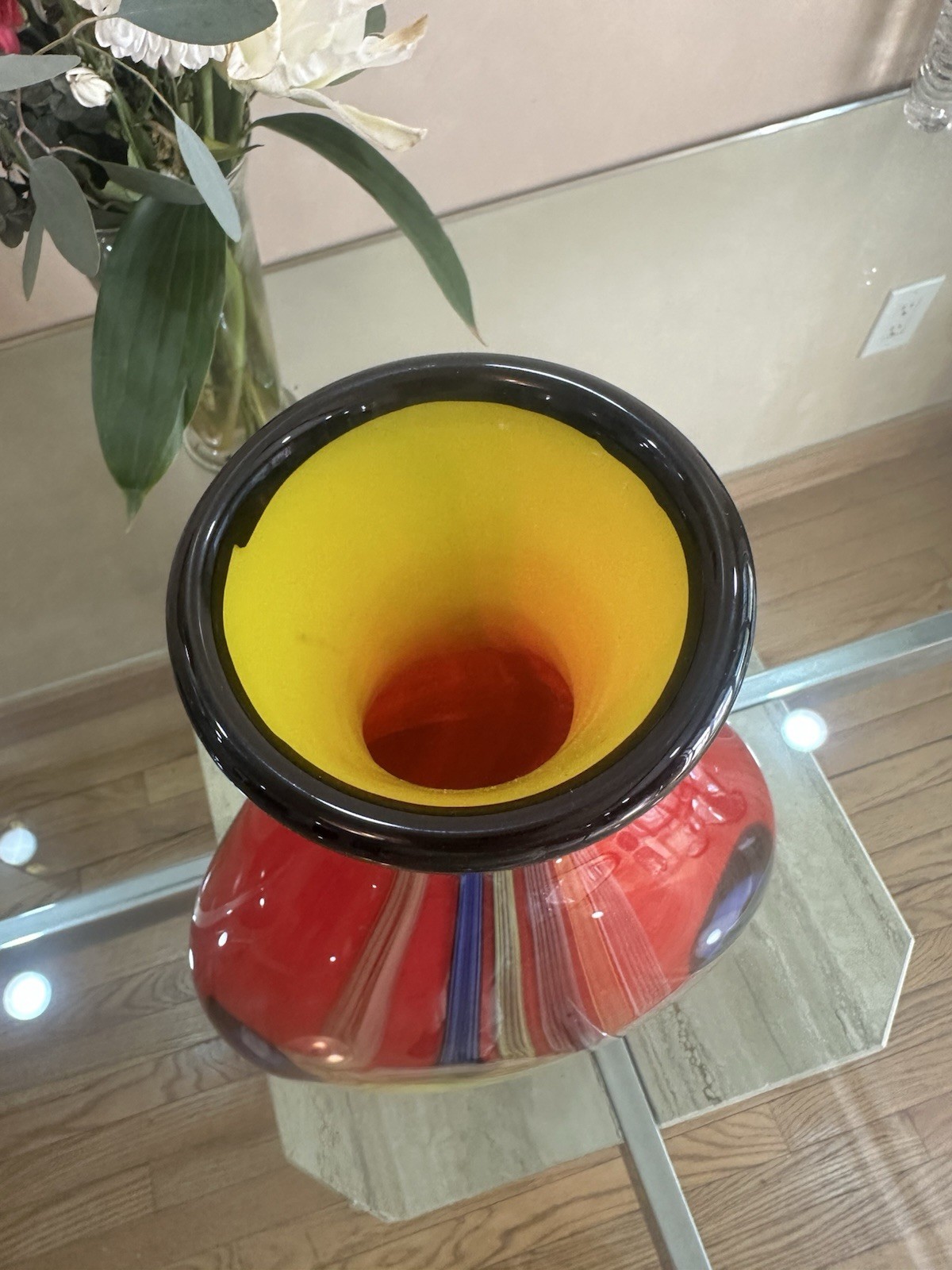 Red Multicolor Art Glass Vase w/ Yellow Center & Blue Swirl, Glossy Finish