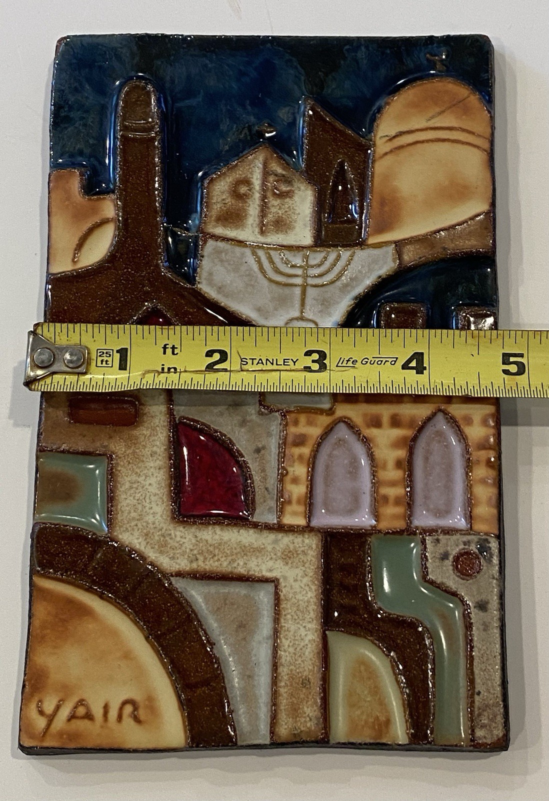 YAIR COHEN Fine Art Hand Painted Ceramic Wall Plaque Tile Israel MCM Style