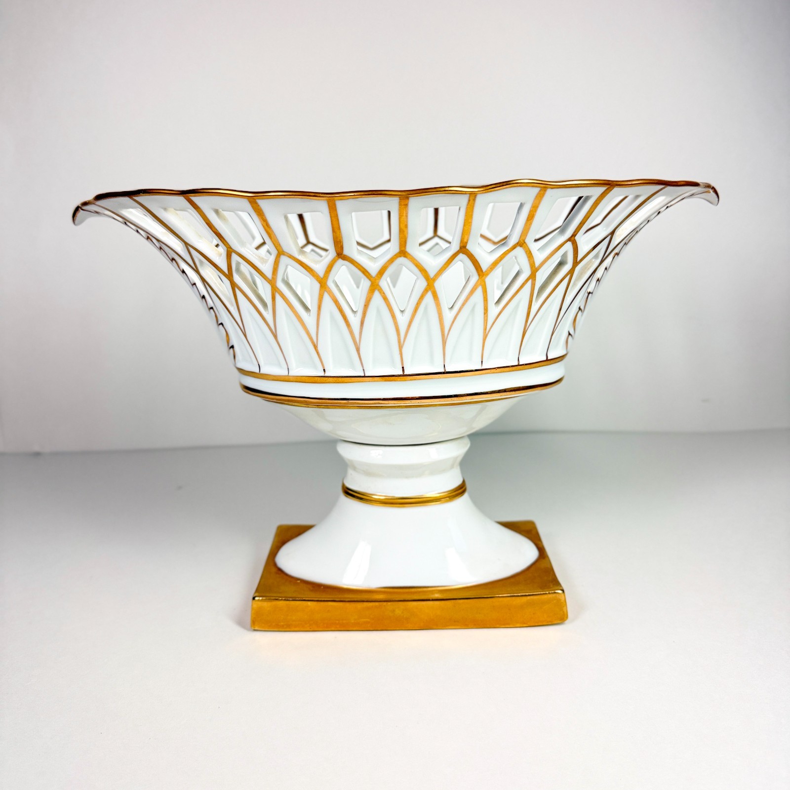 Vintage White & Gold Pierced Porcelain Basket Compote Centerpiece Bowl