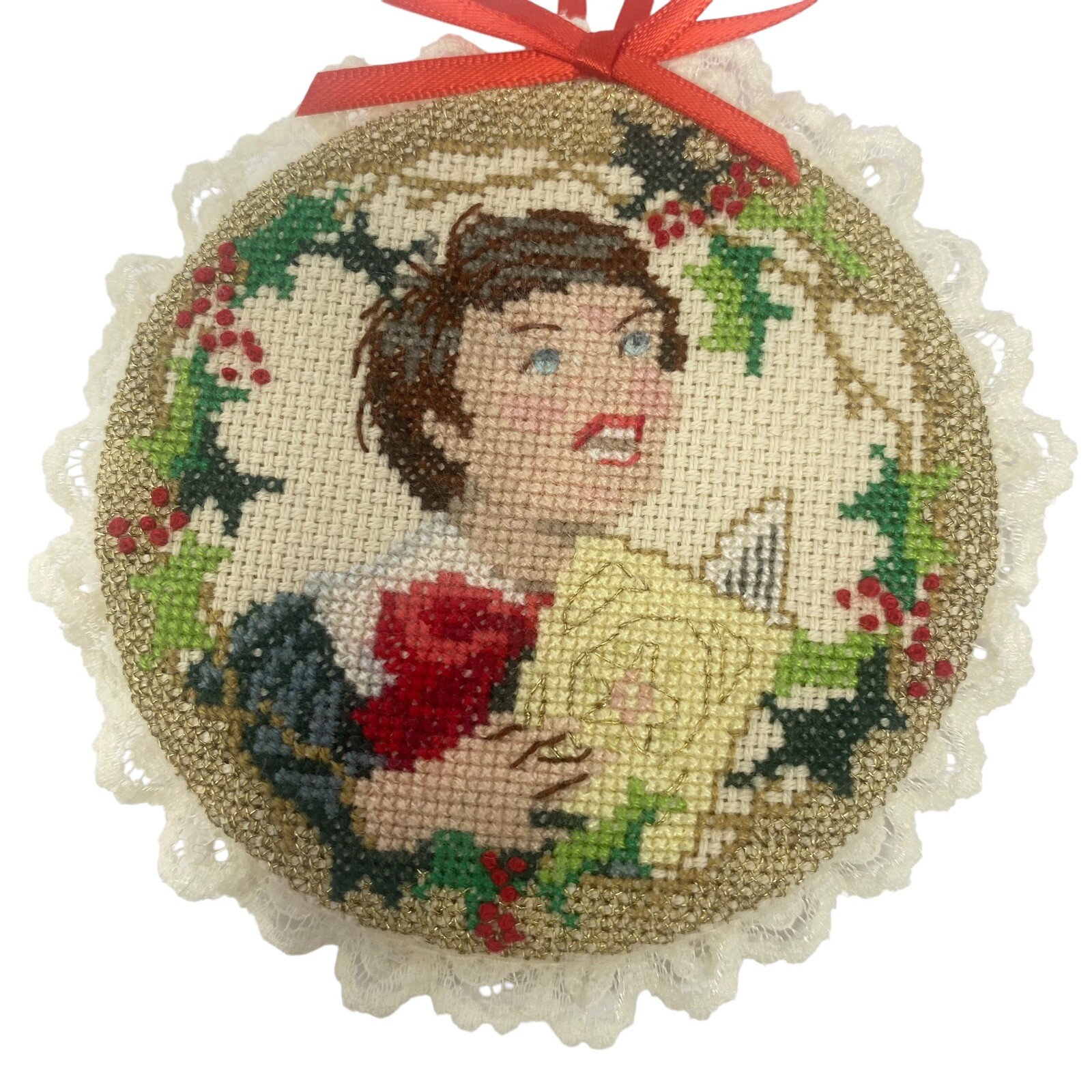 Vintage Needlepoint Victorian Boy and Girl Ornaments Finished Handcrafted lot 2