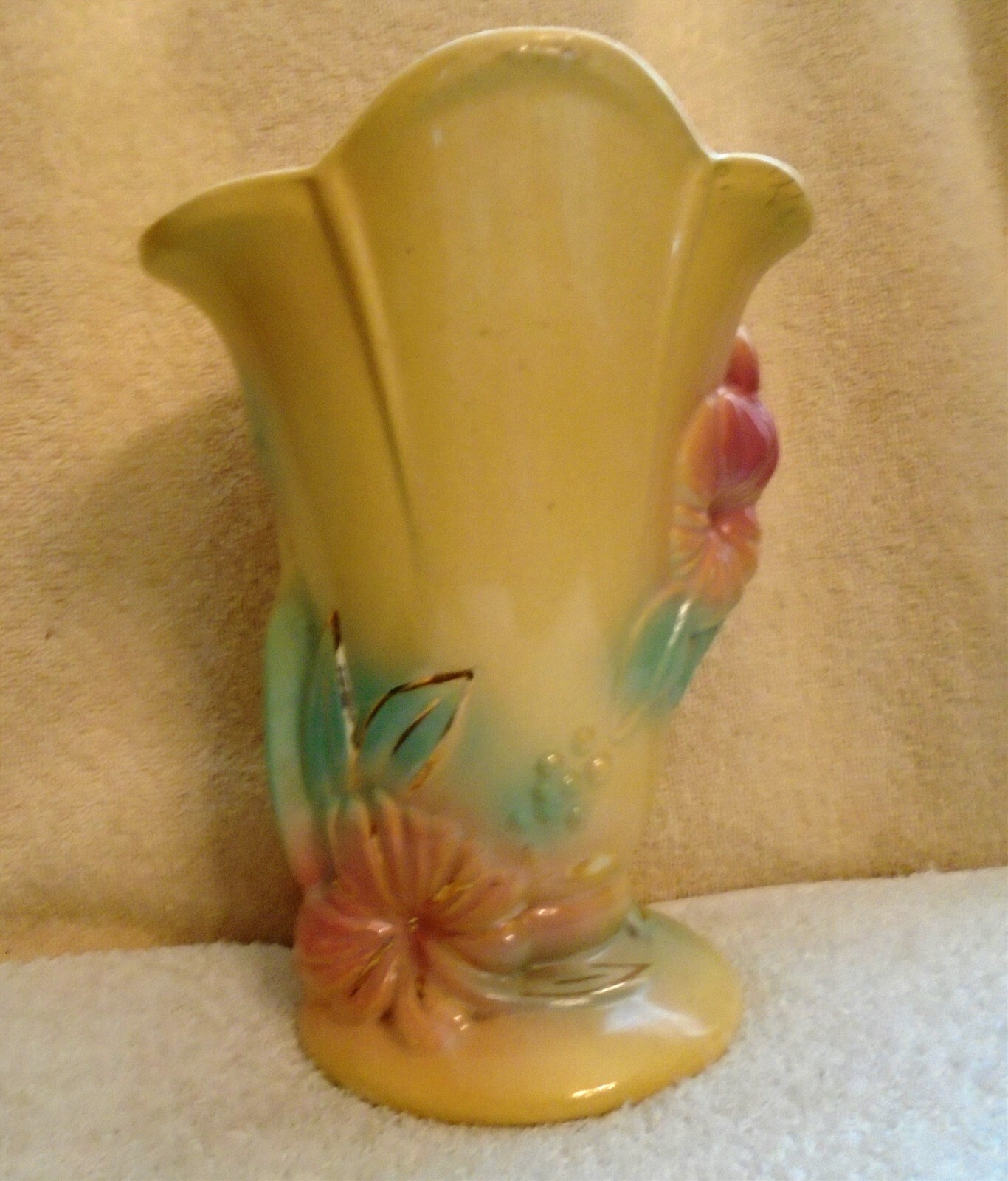 Vintage Yellow Hull Vase With Crane or Heron in Pink and Green Gold Trim No. 85