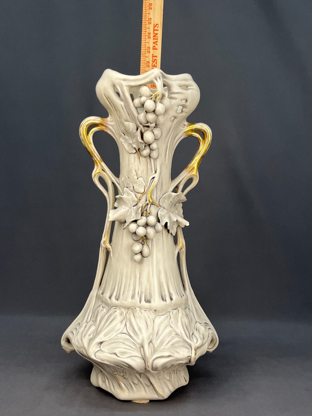 Royal Dux Art Nouveau Porcelain 20 1/2″ Vase with Grapes & Leaves
