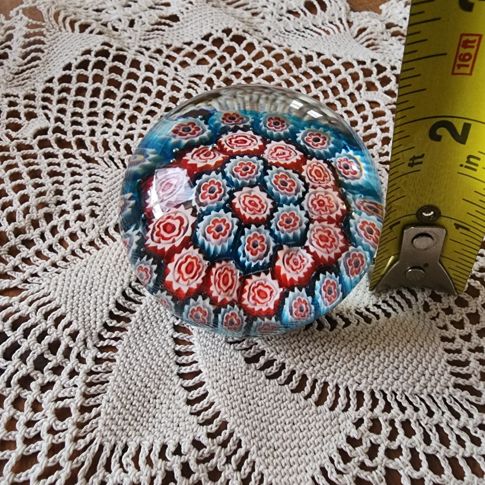 Art Glass Paperweight MiIlefiori Red Blue Floral Round