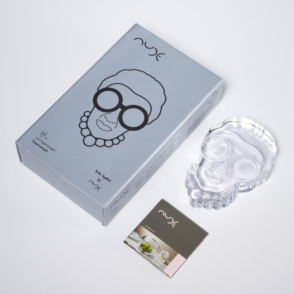 Nude Glass Clear Crystal Iris Apfel Visage Block Paperweight in Original Box