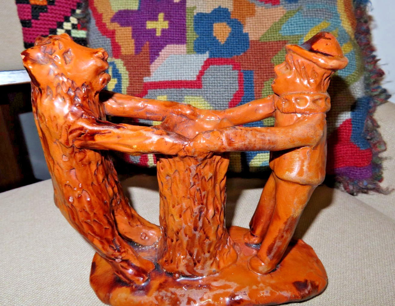 Vintage Turtle Creek Pottery Stoneware signed Cathy Gatch Man & bear tug o war