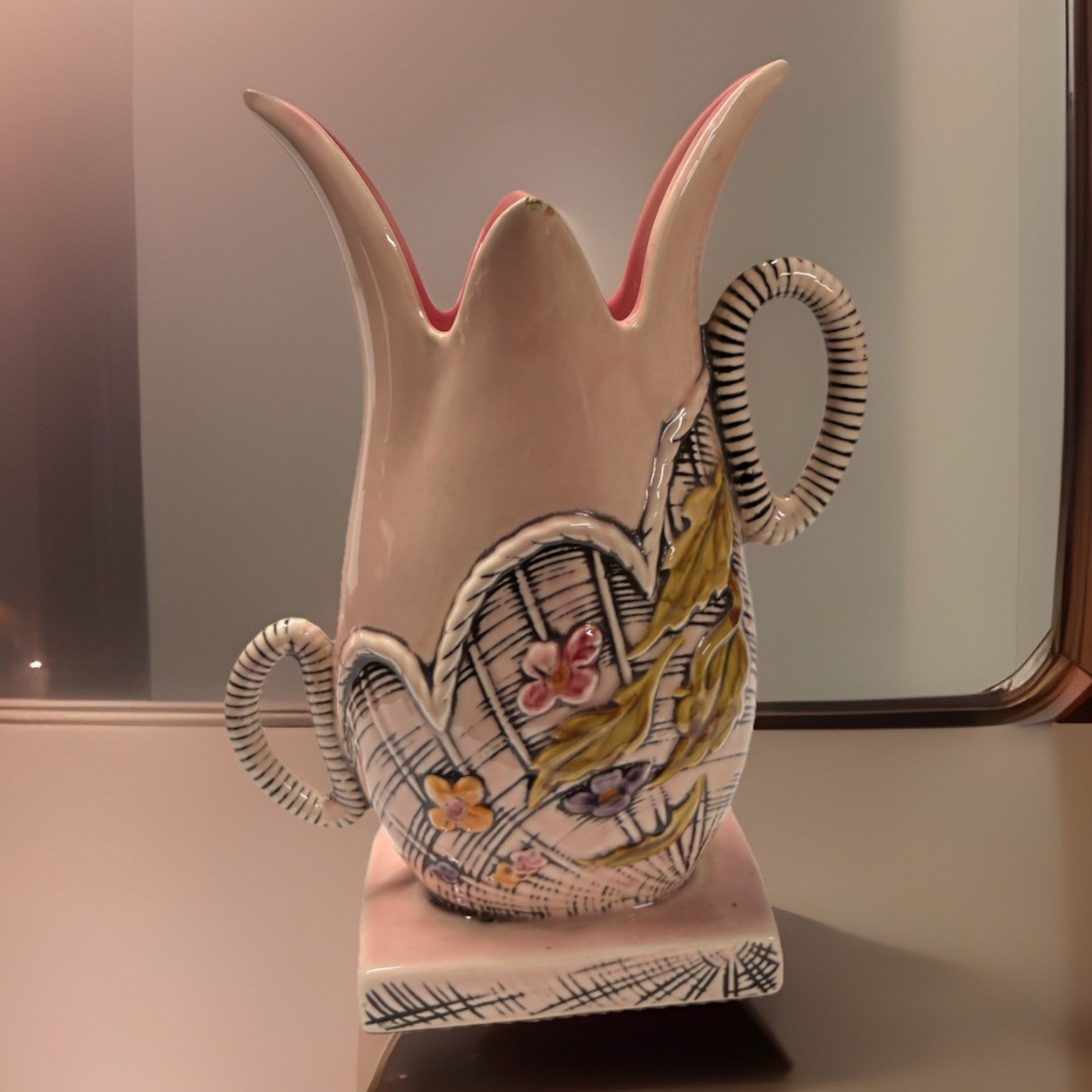 MCM 1955 Hull Pottery Blossom Flite Pink Basket Weave 10 3/4″ Rope Handled Vase