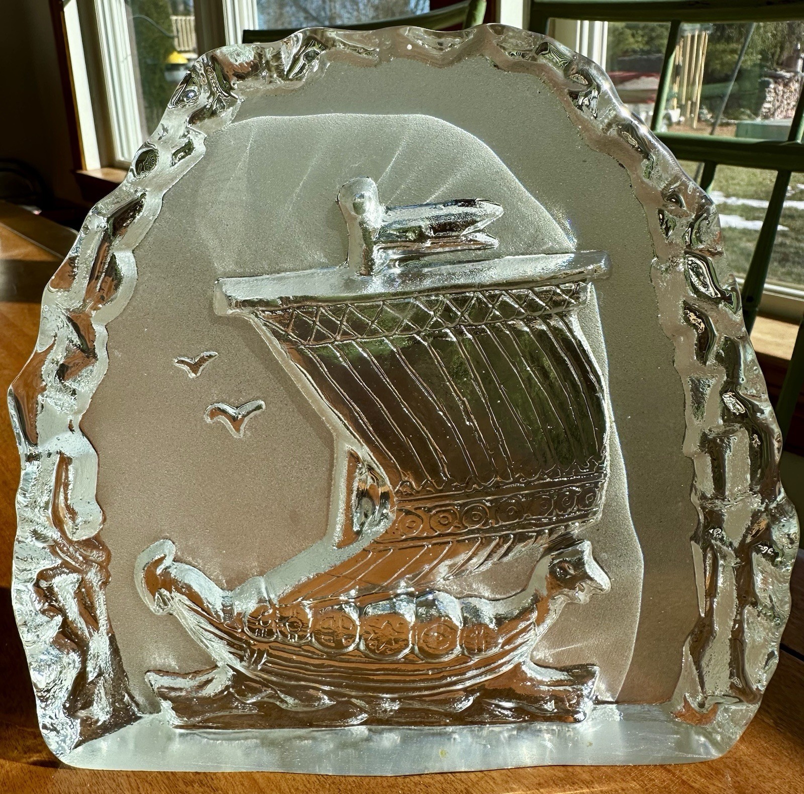 Sweden Viking Longboat Ship Heavy Crystal Glass etching Nybro Glasbruk MCM