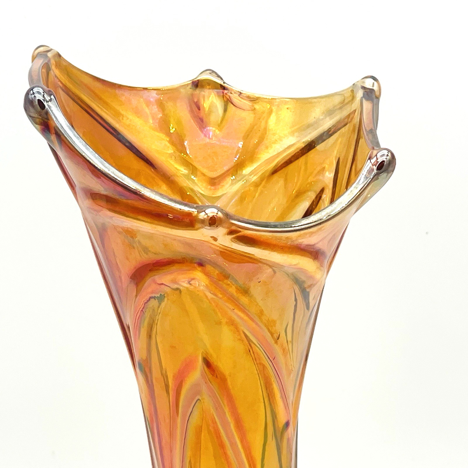 Vintage Imperial Glass Gothic Arches Marigold Orange Swung Vase 14.5″ RARE