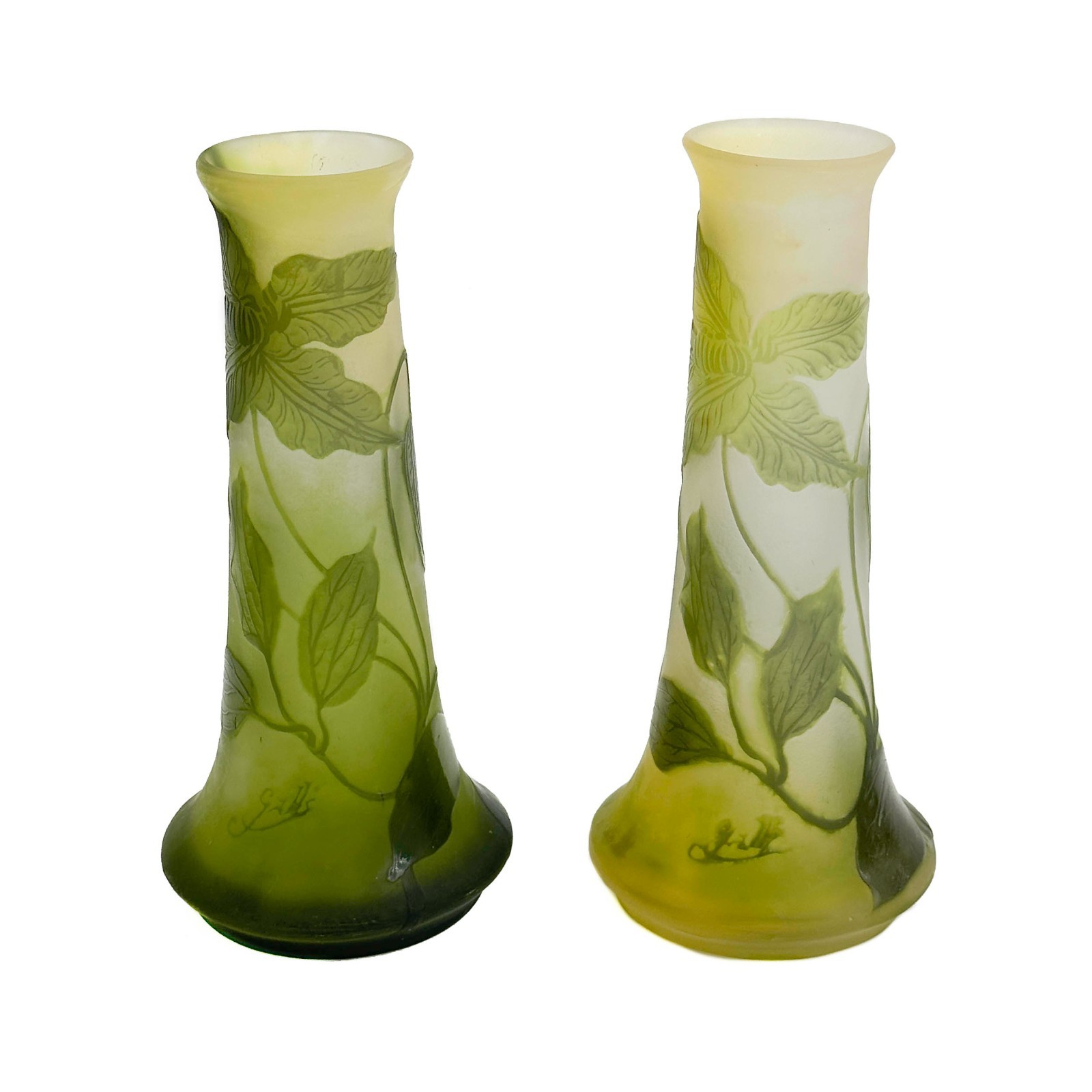 Pair Emile Galle France Acid Etched Cameo Art Glass Vases Clematis Florals c1900