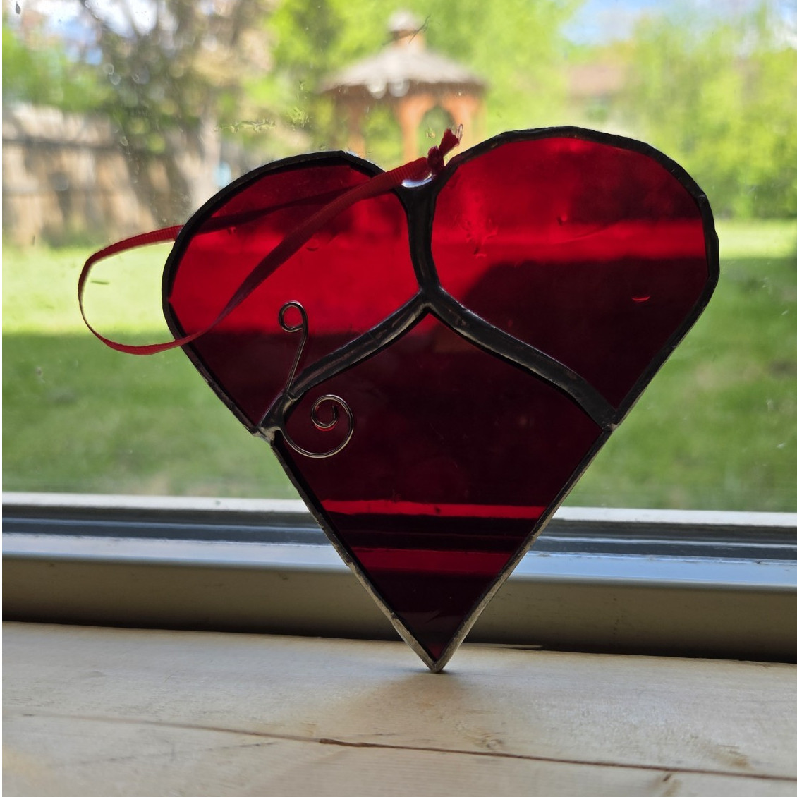 Red Stained Glass Heart Suncatcher Glass Metal 4 in Decorative Art Love Theme