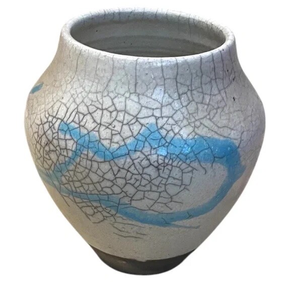 Vintage Raku Art Pottery Vase Artist Signed Dated White Crackle Glaze Blue