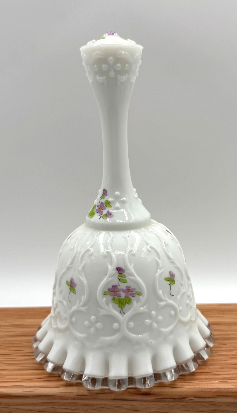 Fenton Glass Violets in Snow Spanish Lace Silver Crest Bell Artist Signed