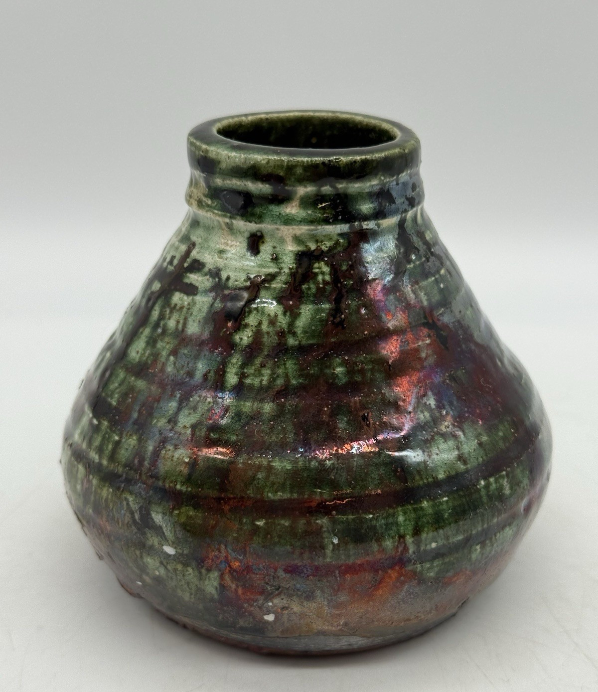 Raku Pottery Green Glaze Iridescent Small 3 3/4″ Vase Hand Thrown Signed