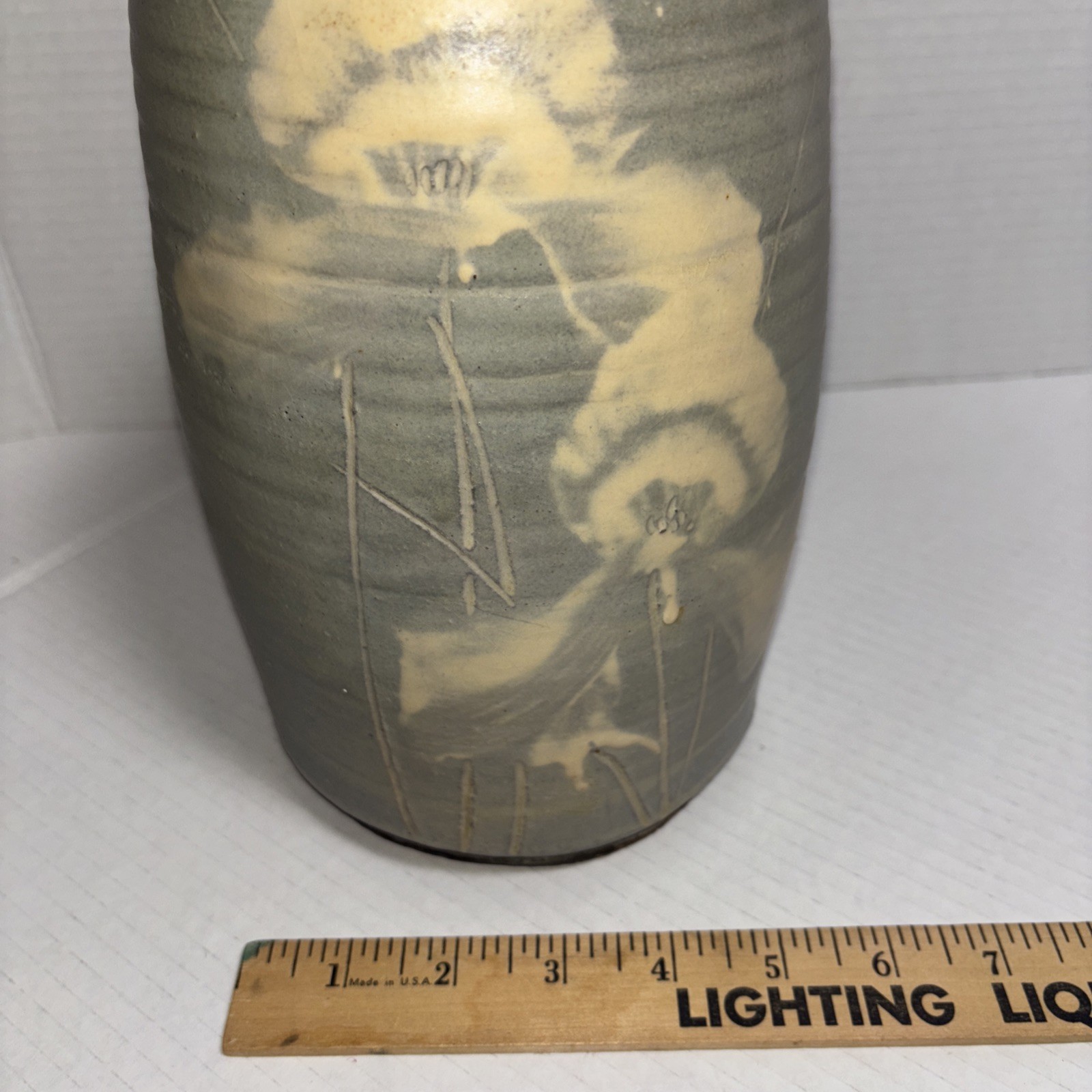 Vintage Hand Thrown Pottery Piece Stoneware Blue Glaze White Floral Design Large
