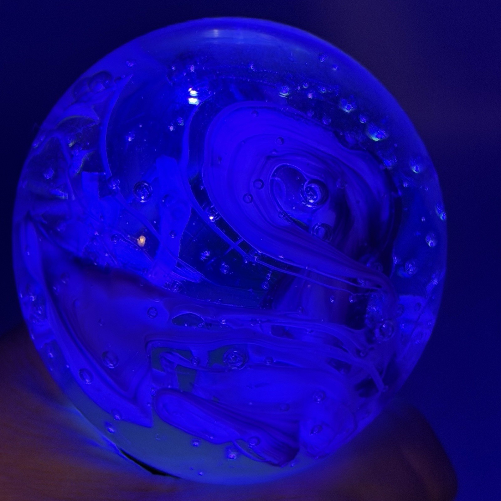 Vintage Signed Art Glass Paperweight Purple Blue Swirl Control Bubbles 2.5” UV