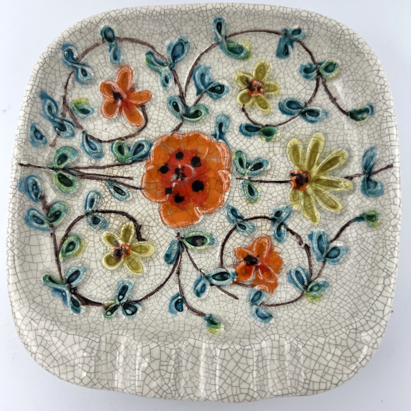 Vintage Italian Ashtray or Dish Orange and Yellow Flowers Green Leaves Crazing