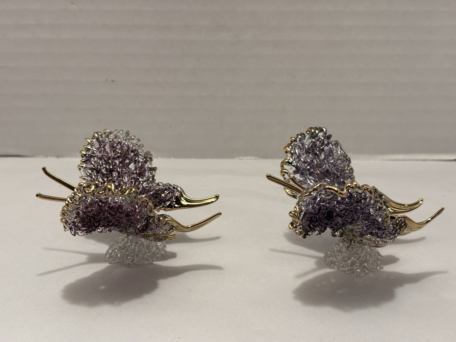 2 Hand Blown Crystal Glass Butterfly Sculptures Figurines 24K Gold Trim Purple