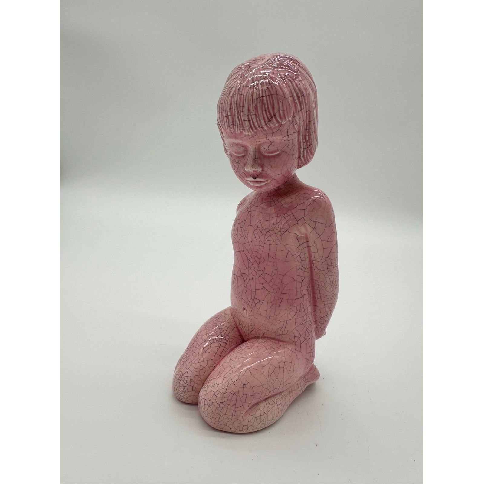 Art Deco Vintage Figurine 1966 Kneeling Girl Pink Crackle Glaze MCM 8 in