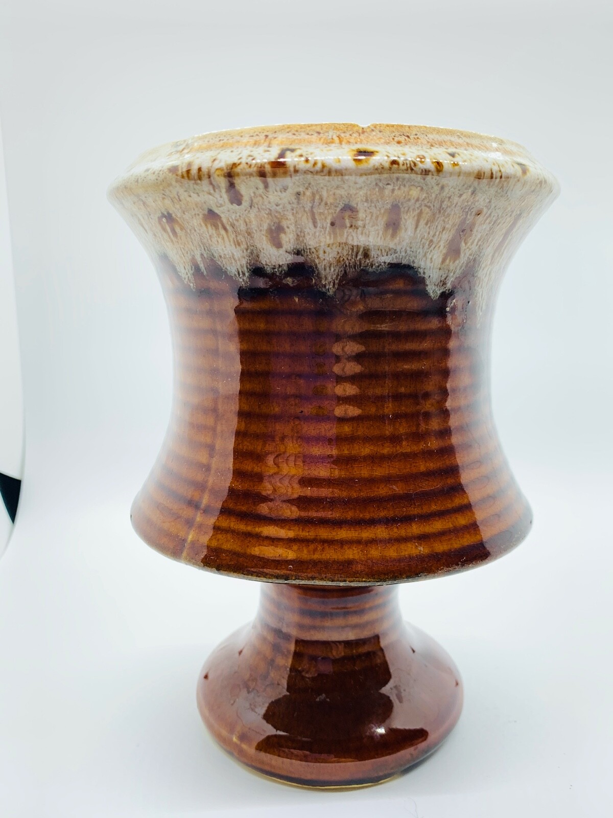 Mid Century Modern hand made earthenware pottery brown and cream vase