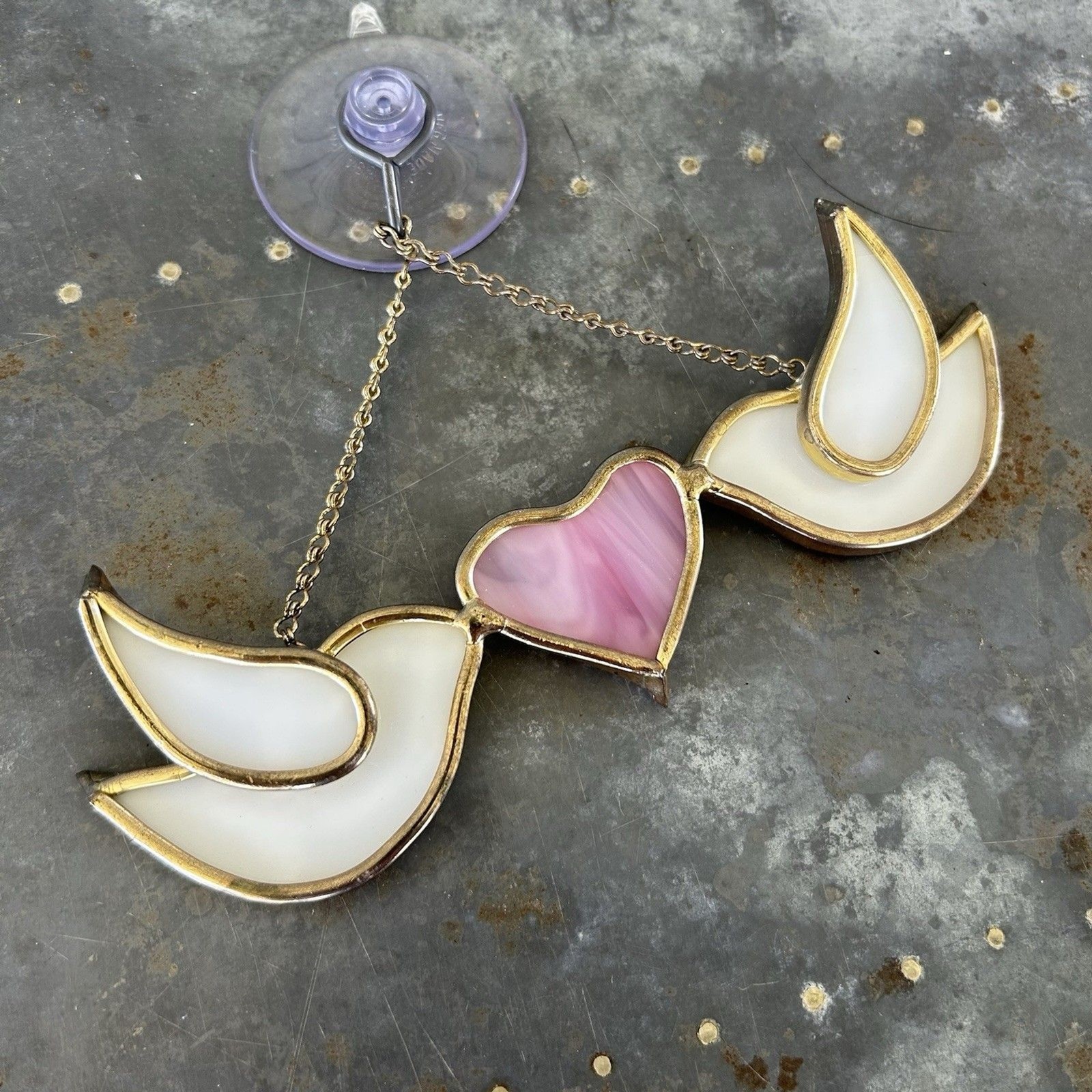 Vintage 1991 Stained Glass Love Birds Dove Pink Heart Window Hanging Sun Catcher