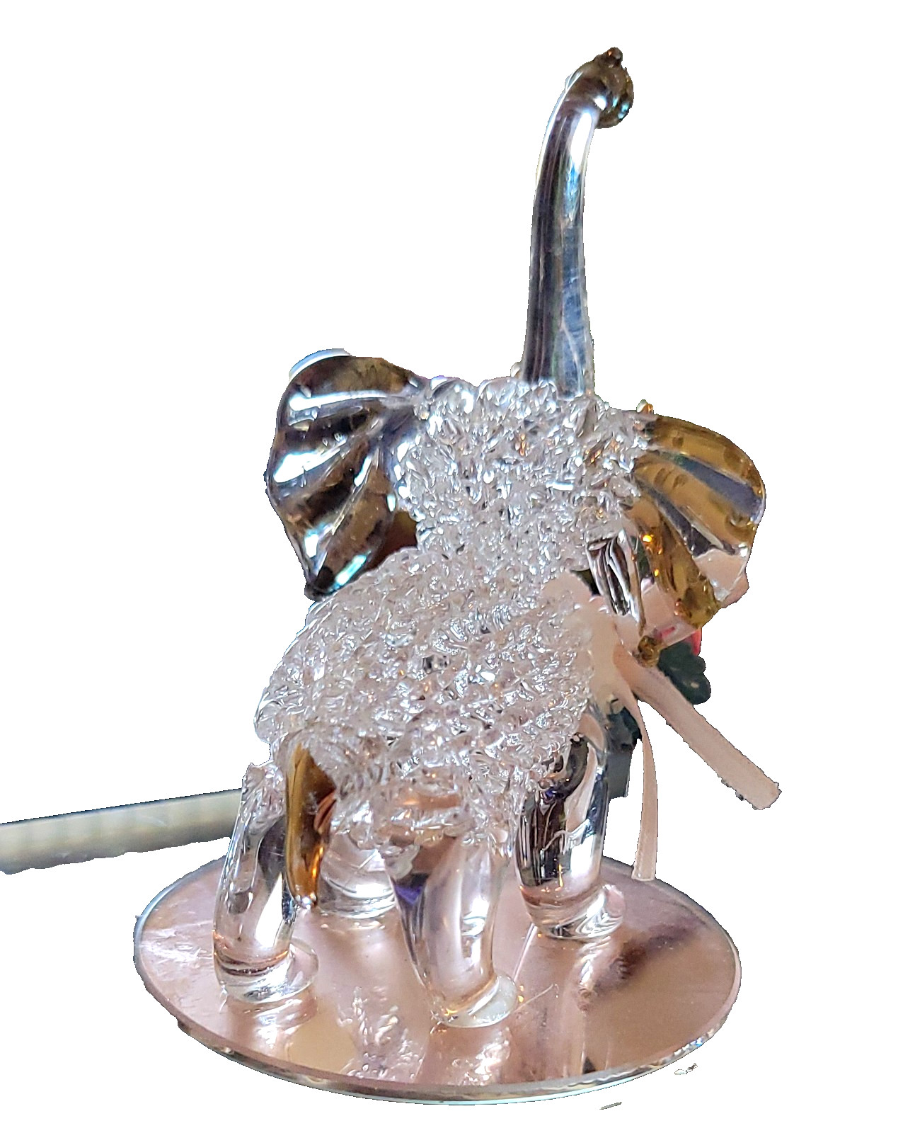 Elephant Handblown Glass Trunk Up Wearing Flower Viollet Base Statue vtg