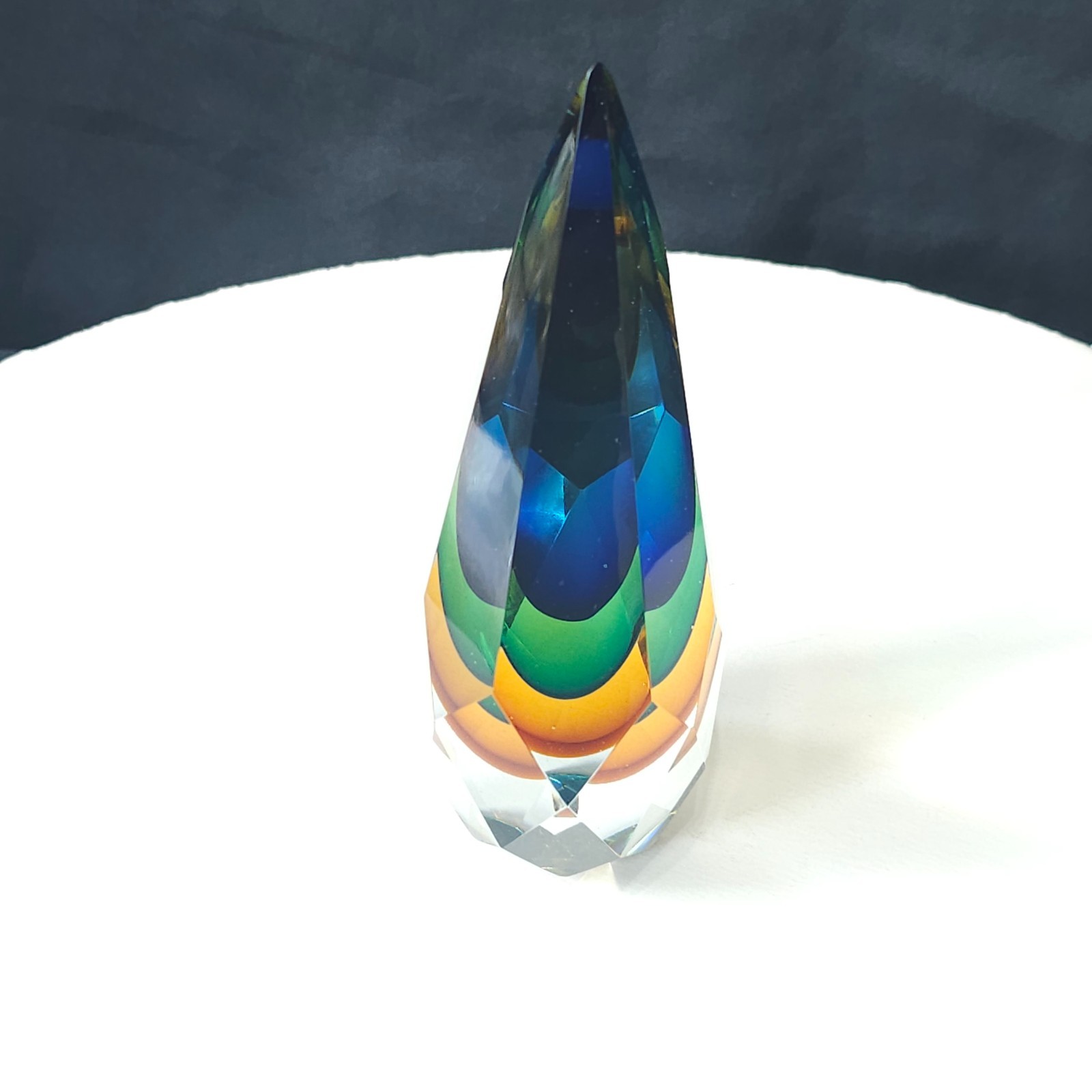 Murano Glass Faceted Teardrop Paperweight 6” Blue Peacock Tones Vintage