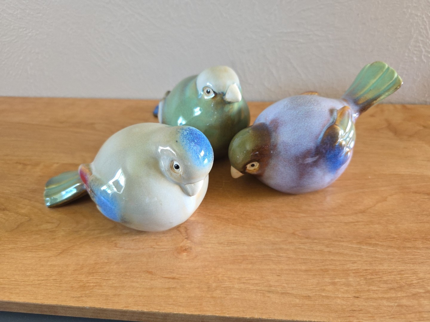 3 Chubby Round Pottery Birds Farmhouse Sparrow Finch Figurine Decor Nature Boho