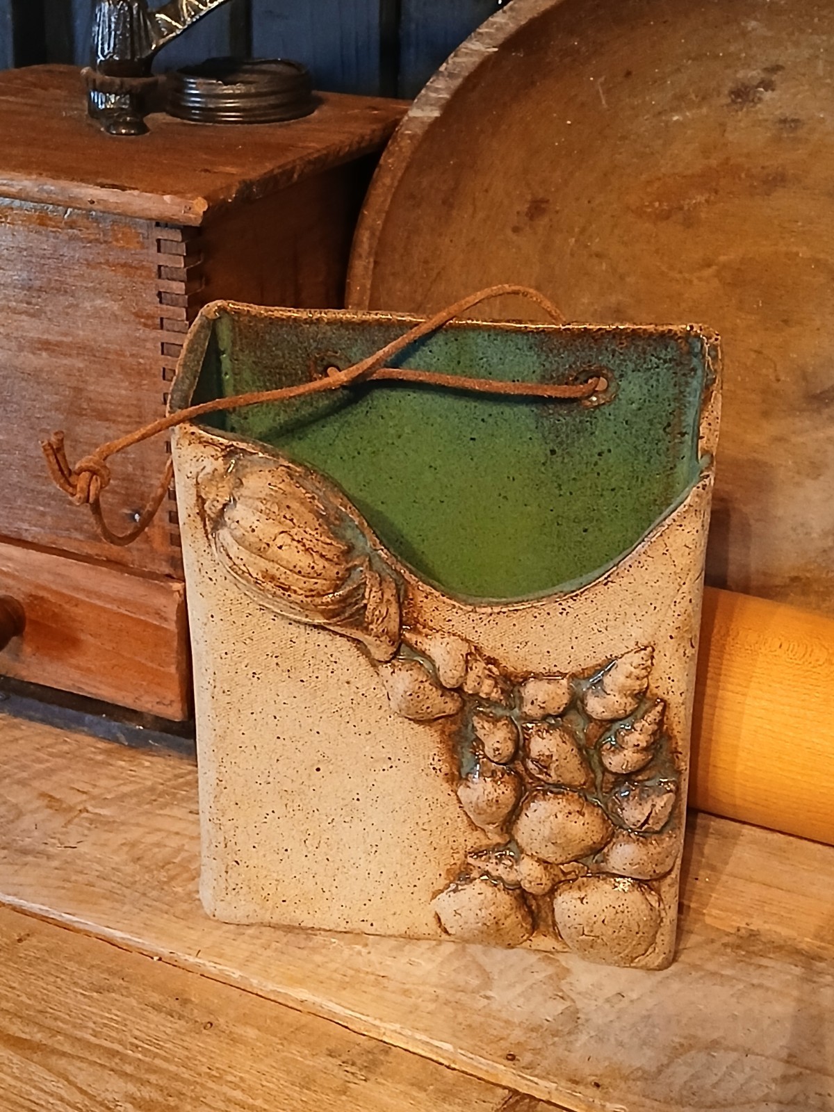 Unbranded Handcrafted Pottery Wall Pocket with Leather Strap Seashell Theme