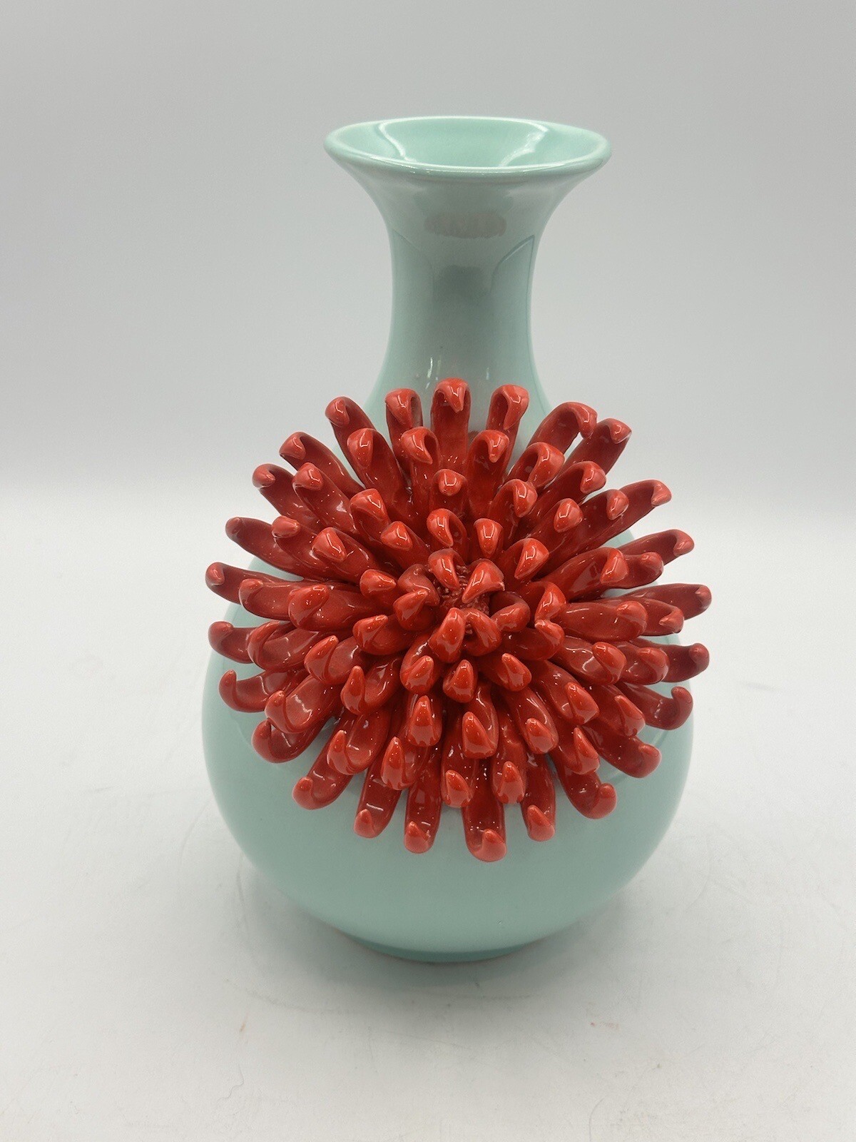 Celadon Glaze Vase By Anthropologie With Large International Orange Dahlia