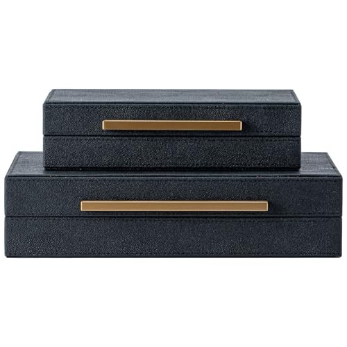 Set of 2 Decorative Storage Boxes with Gold Metal Handles – Faux Leather