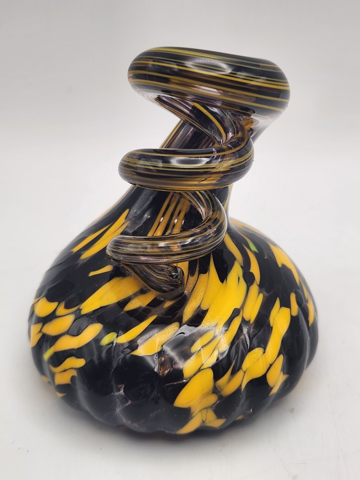 Hand Blown Glass Pen Holder Paperweight Black Gold Corkscrew Swirl Twist