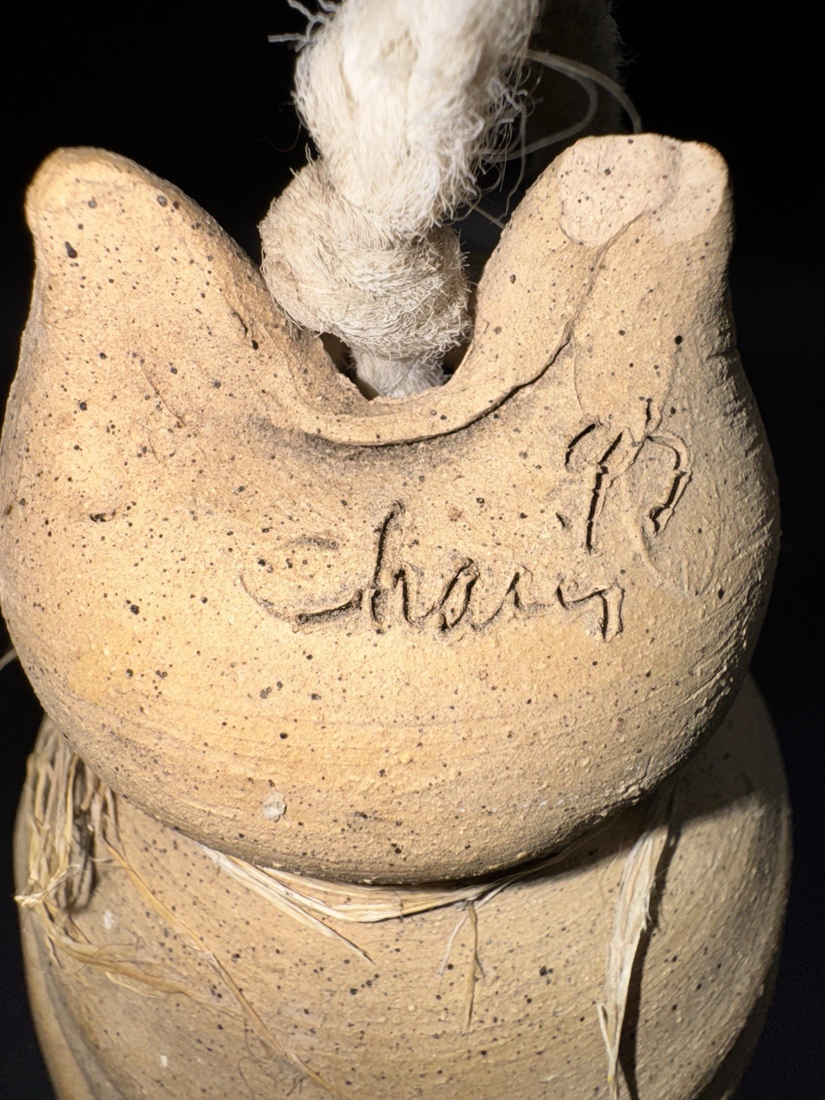 Handmade Pottery Cat Bell Ornament Signed Chari Rustic Clay Folk Art 6” Tall