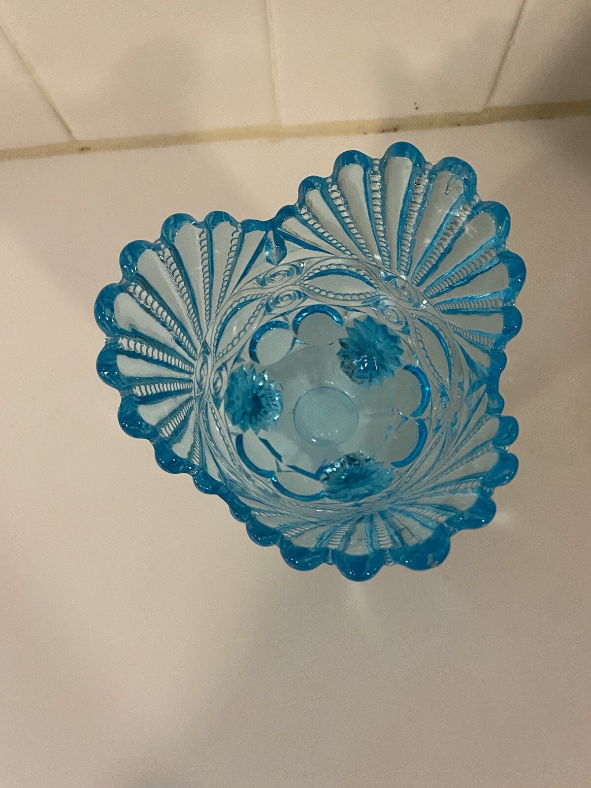 Mosser Aqua Blue Glass 3 Footed Eyewinker Eye Winker Pattern Spooner Vase