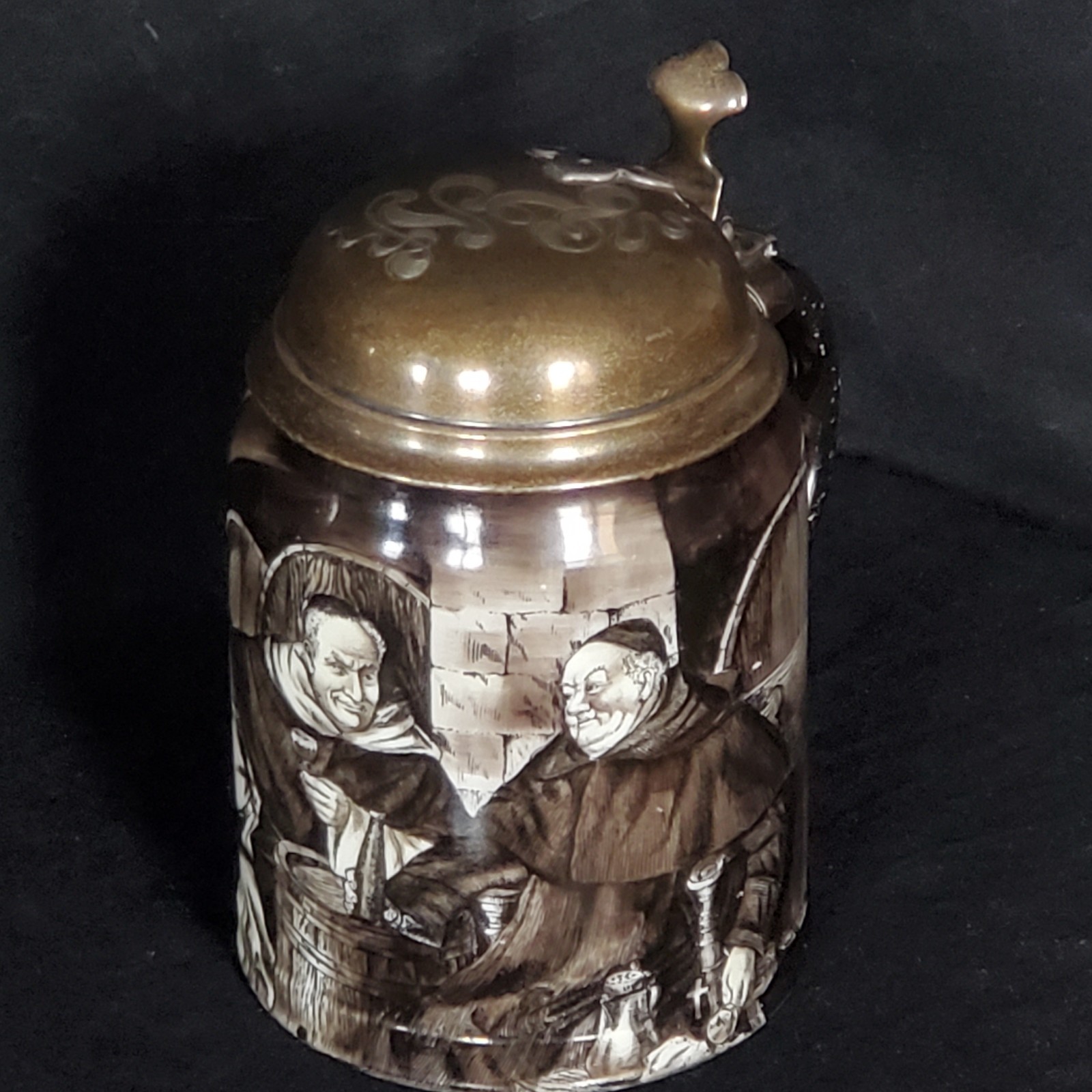 Original 1898 Gorham Sterling Silver Lidded Lenox Painted Beer Mug~Monks & Wine