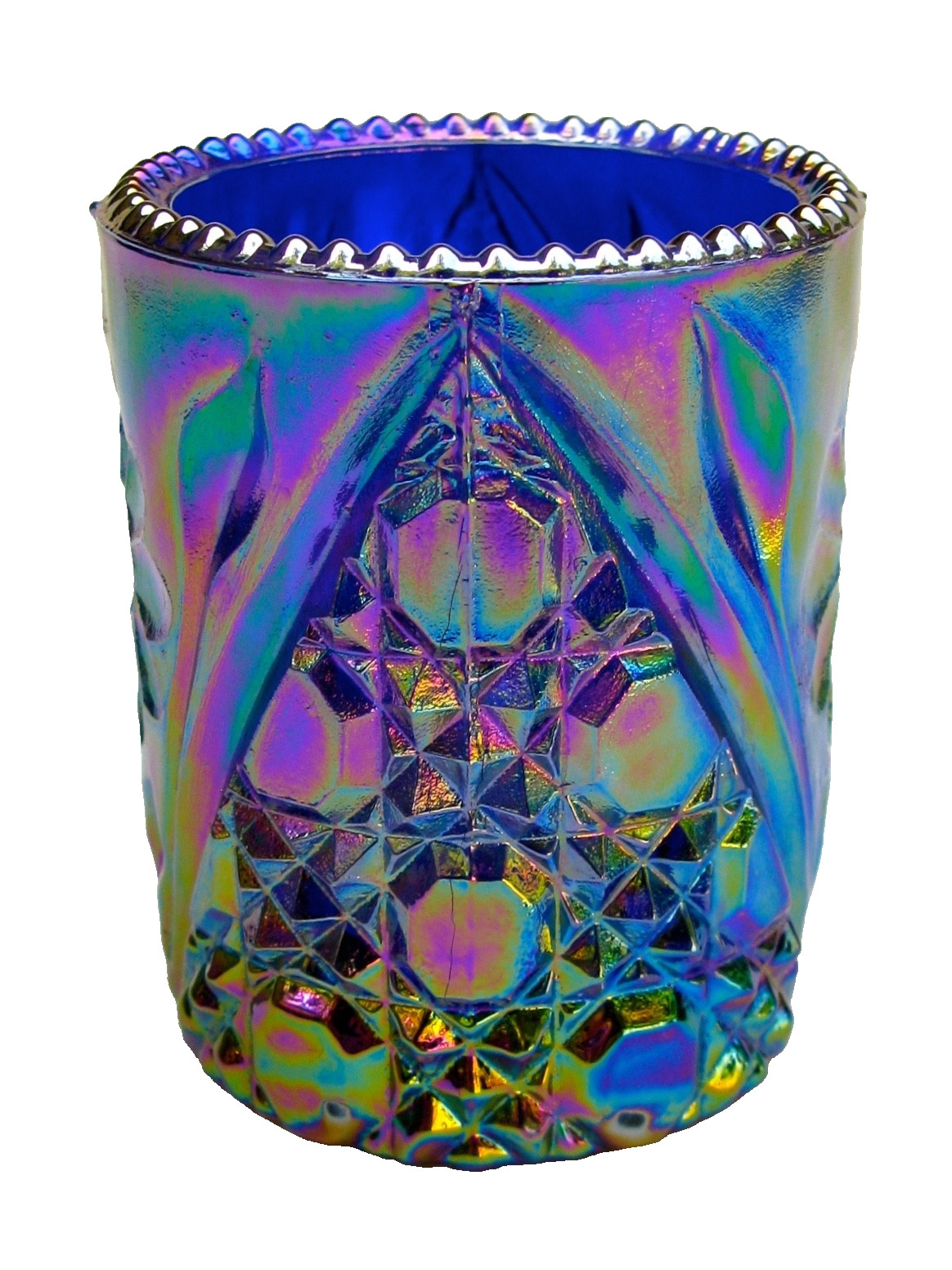 VINTAGE JOE ST CLAIR COBALT BLUE IRIDESCENT CARNIVAL GLASS TOOTHPICK HOLDER