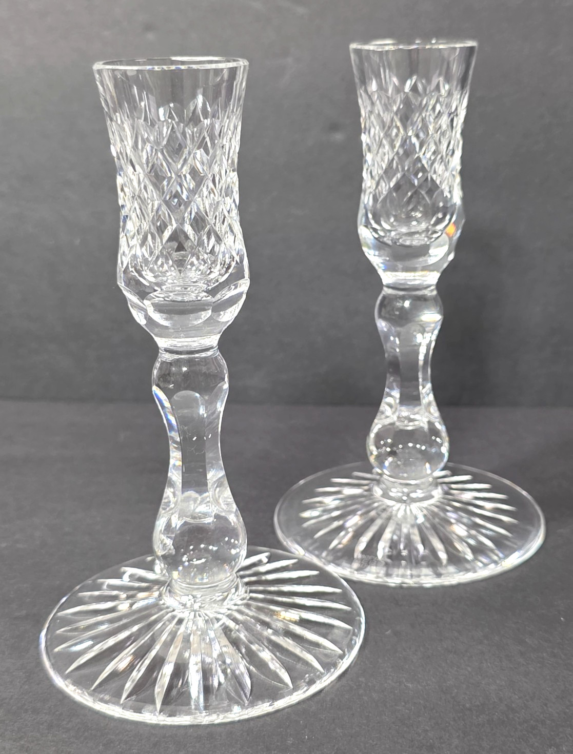 Thomas Webb London Cut Crystal Candle Holders Pair Signed England 5.75″ Tall Set