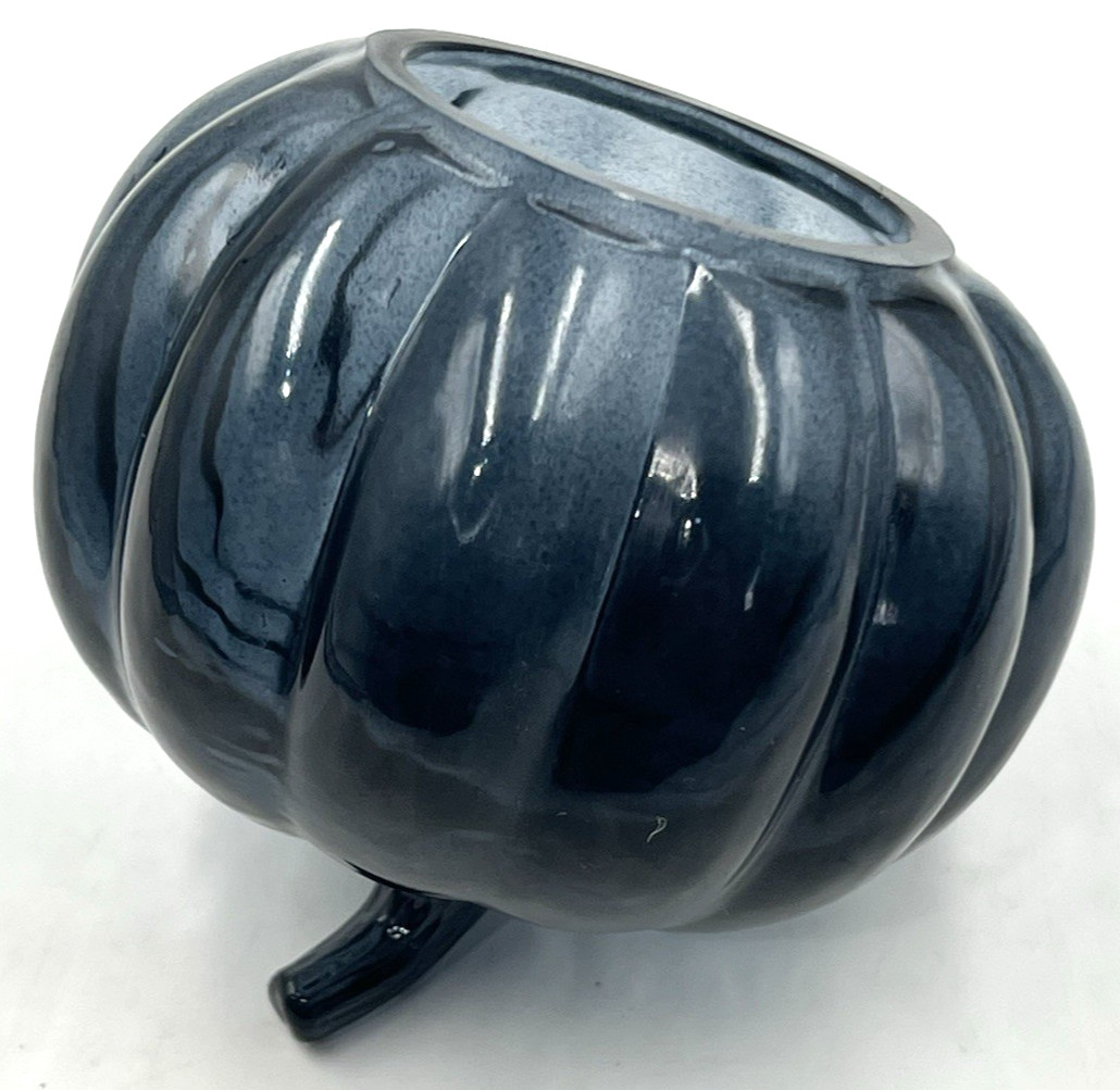 Glass Pumpkin Figurine Sculpture Decor Dark Blue Smokey Grey 4.5″ T x 4.75″ W