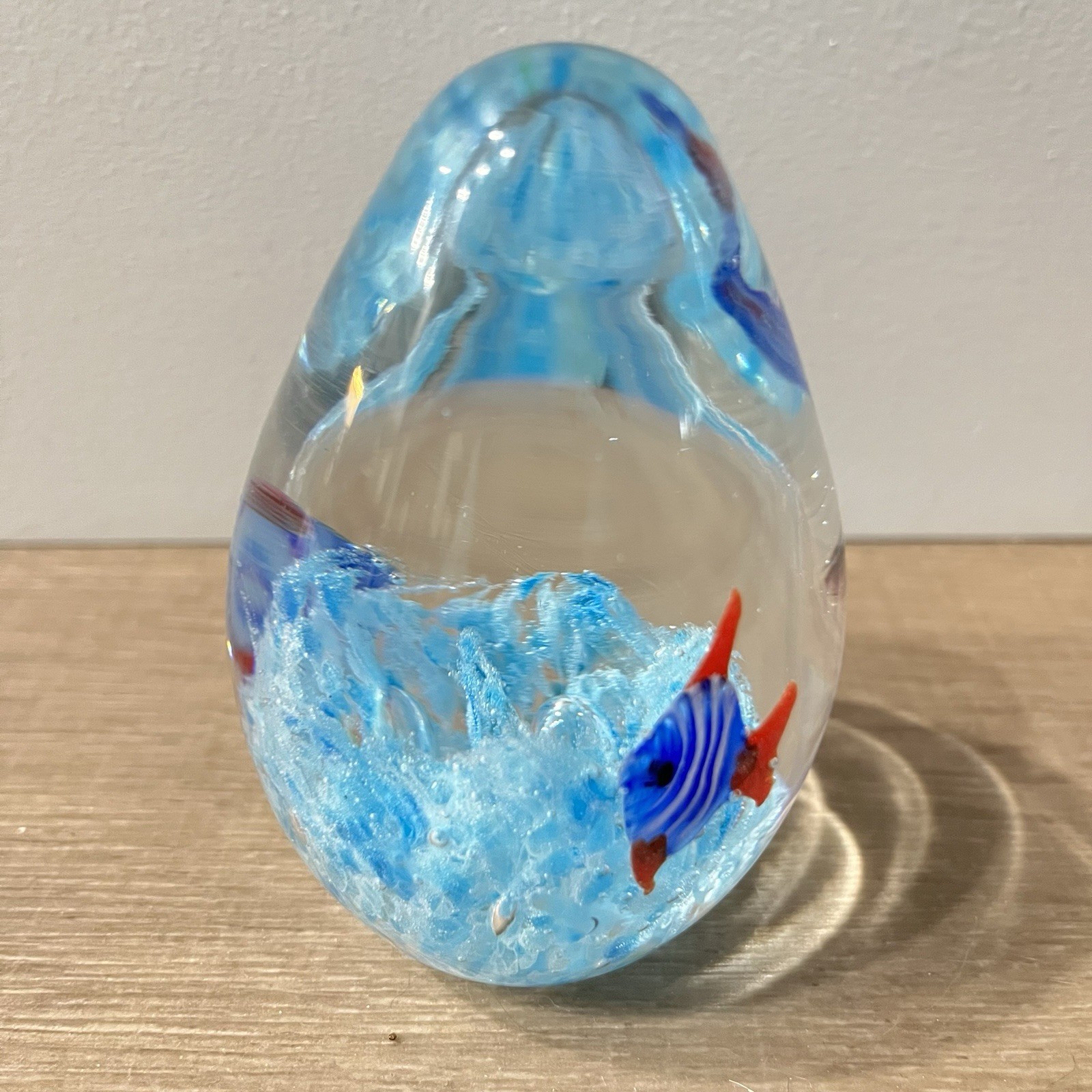 Aquarium Blue Fish Art Glass Paperweight Egg Shape 4″ Tall 1″ Dia Heavy 13oz