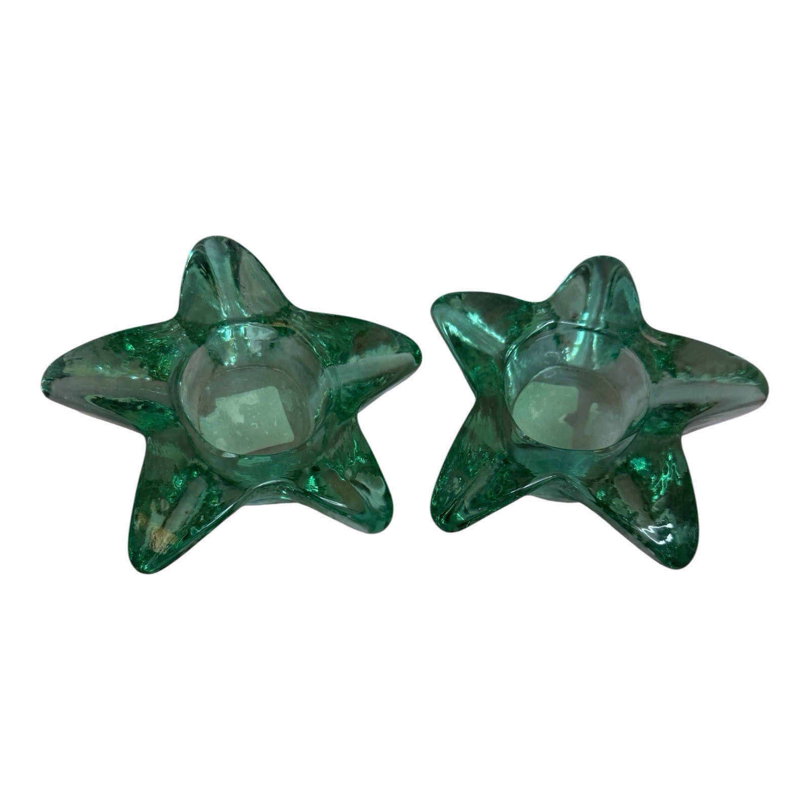 2 VTG VIDRIOS SAN MIGUEL STAR CANDLE HOLDERS GREEN TEAL RECYCLED ART GLASS