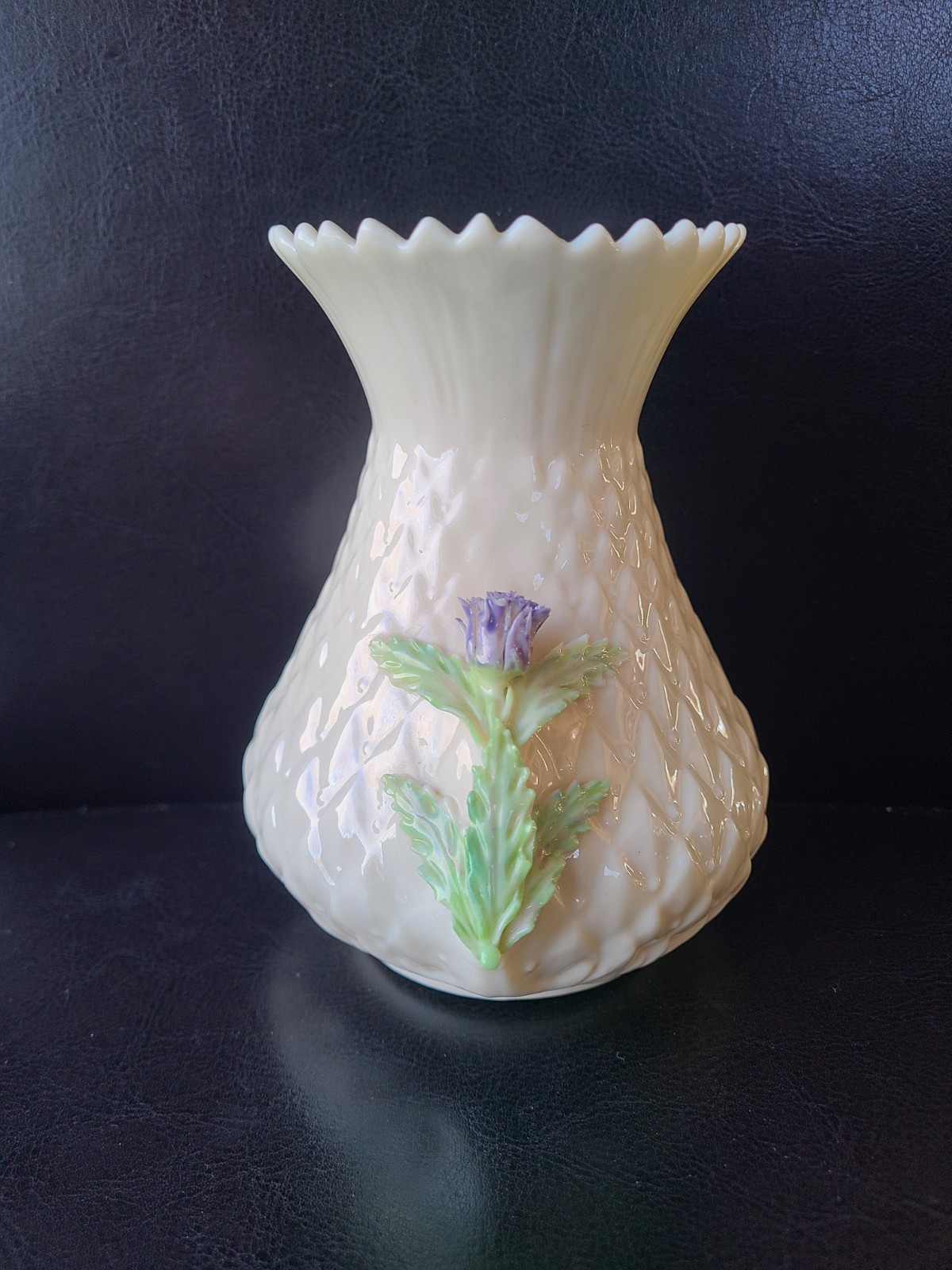 Vintage Belleek Purple Thistle Vase-Green Mark 1965-3/31/80 5.5″ tall