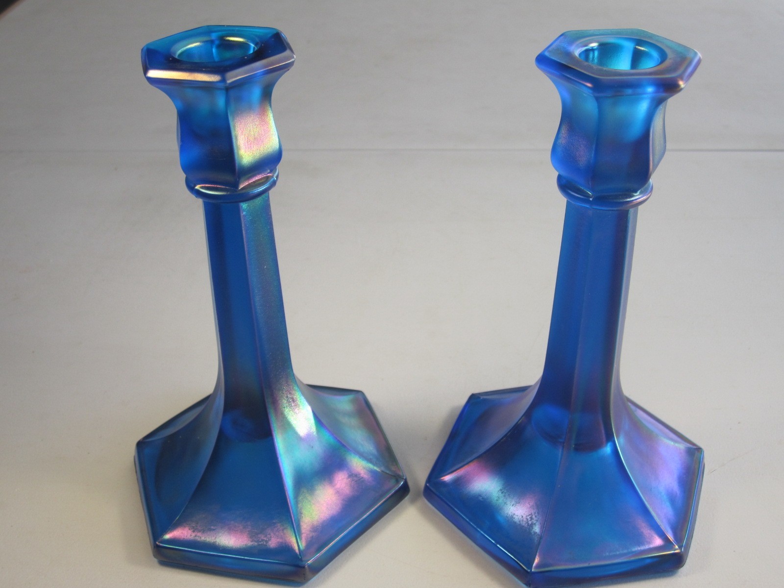 Pair Sapphire Blue Northwood Carnival Stretch Glass #657 Pattern Candle Sticks
