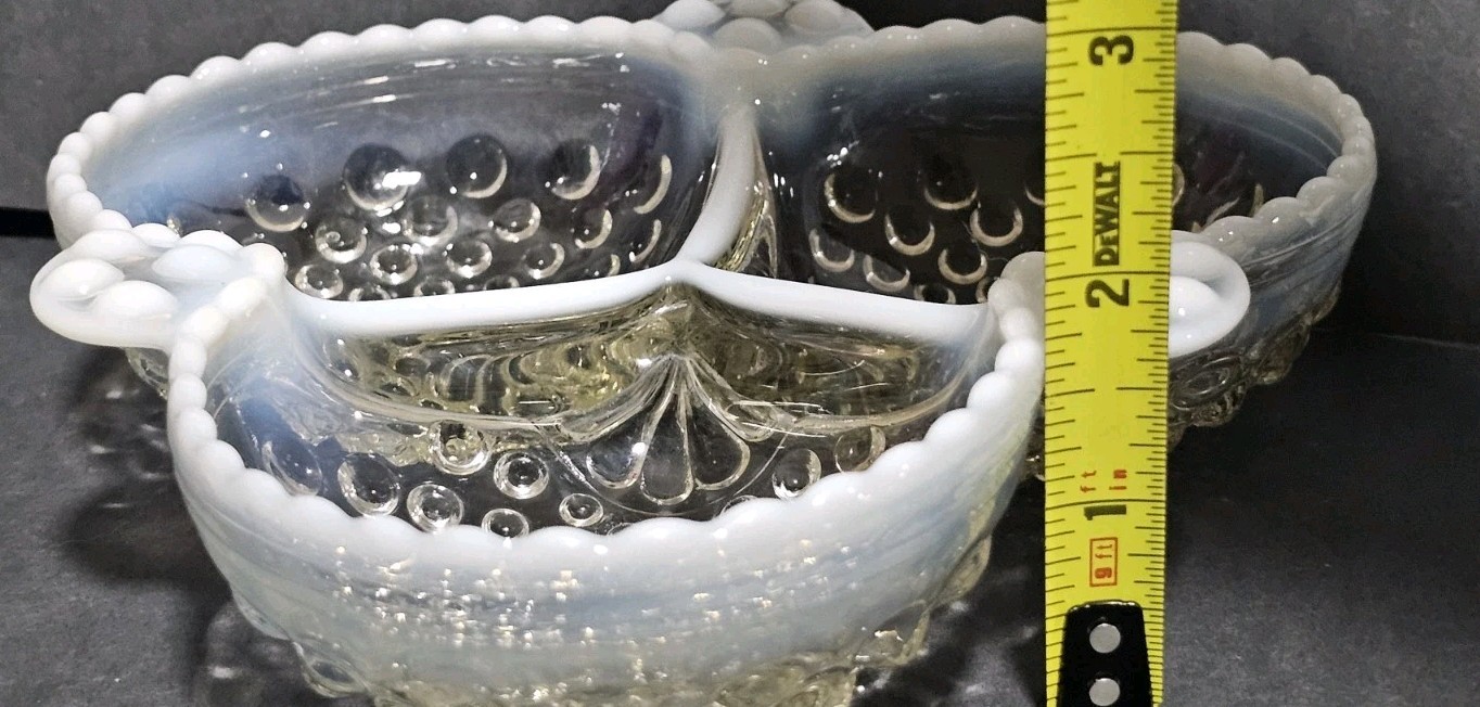 3 Moonstone Opalescent Hobnail 2-5.5″ Bud Vases 3 Divide Dish Anchor Hocking
