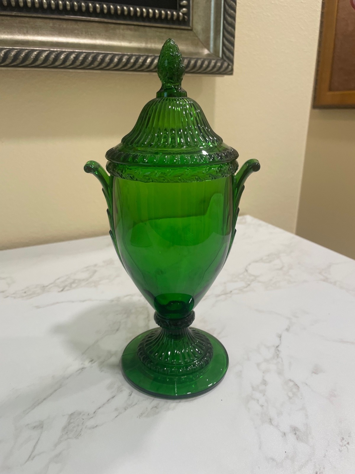 Very Rare Cambridge Green Covered Urn or Candy about 10 1/2″ Tall