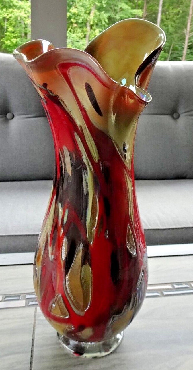 Signed Sy Dowling 14.5″ Freeform Studio Art Glass “Flambe” Vase 2014