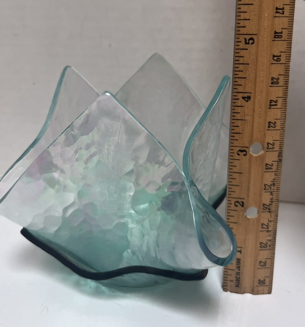 Fused Glass Two Tone Handkerchief Hand Made Votive Holder Signed.