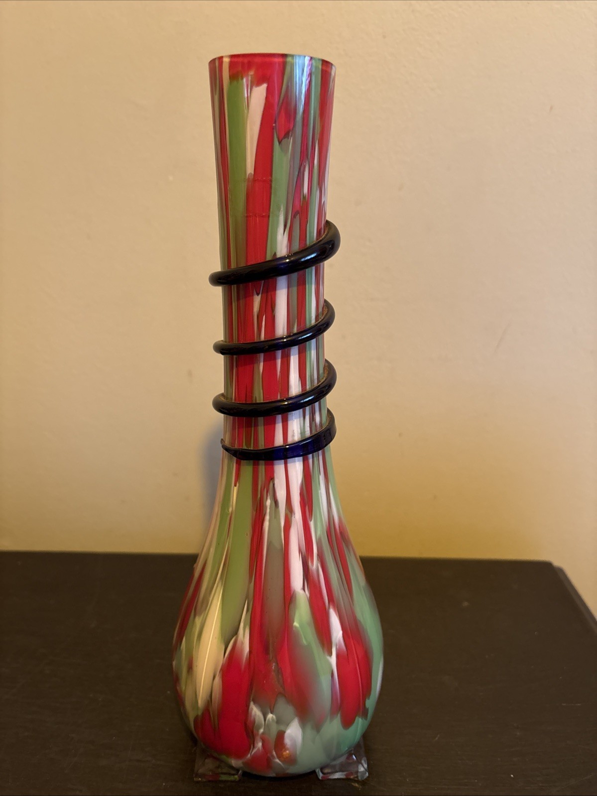 Czech Art Glass End Of Day Ribbed Serpentine Snake Coil Vase Red Green White 12”